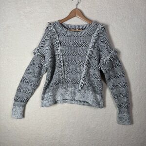 Gap Womens XXL Wool Blend Boho‎ Fringe Black White Chunky Knit Geometric Sweater
